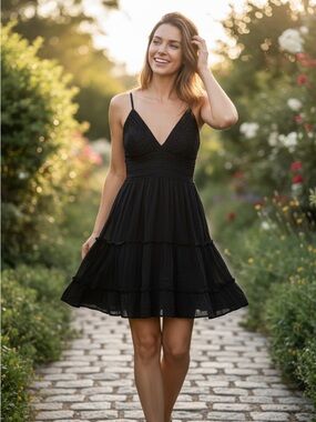 Justify Black Spaghetti Strap Tiered Midi Dress